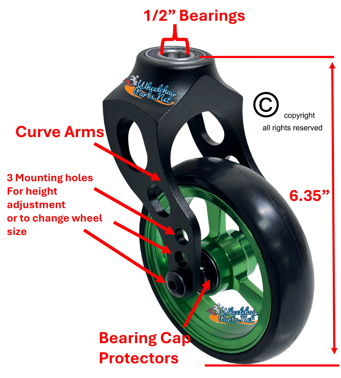 Aluminum Caster Fork Assembly With 5x1 Soft Roll Wheel-Green Rim Aluminum Caster Fork Assembly With 5x1 Soft Roll Wheel-Green Rim