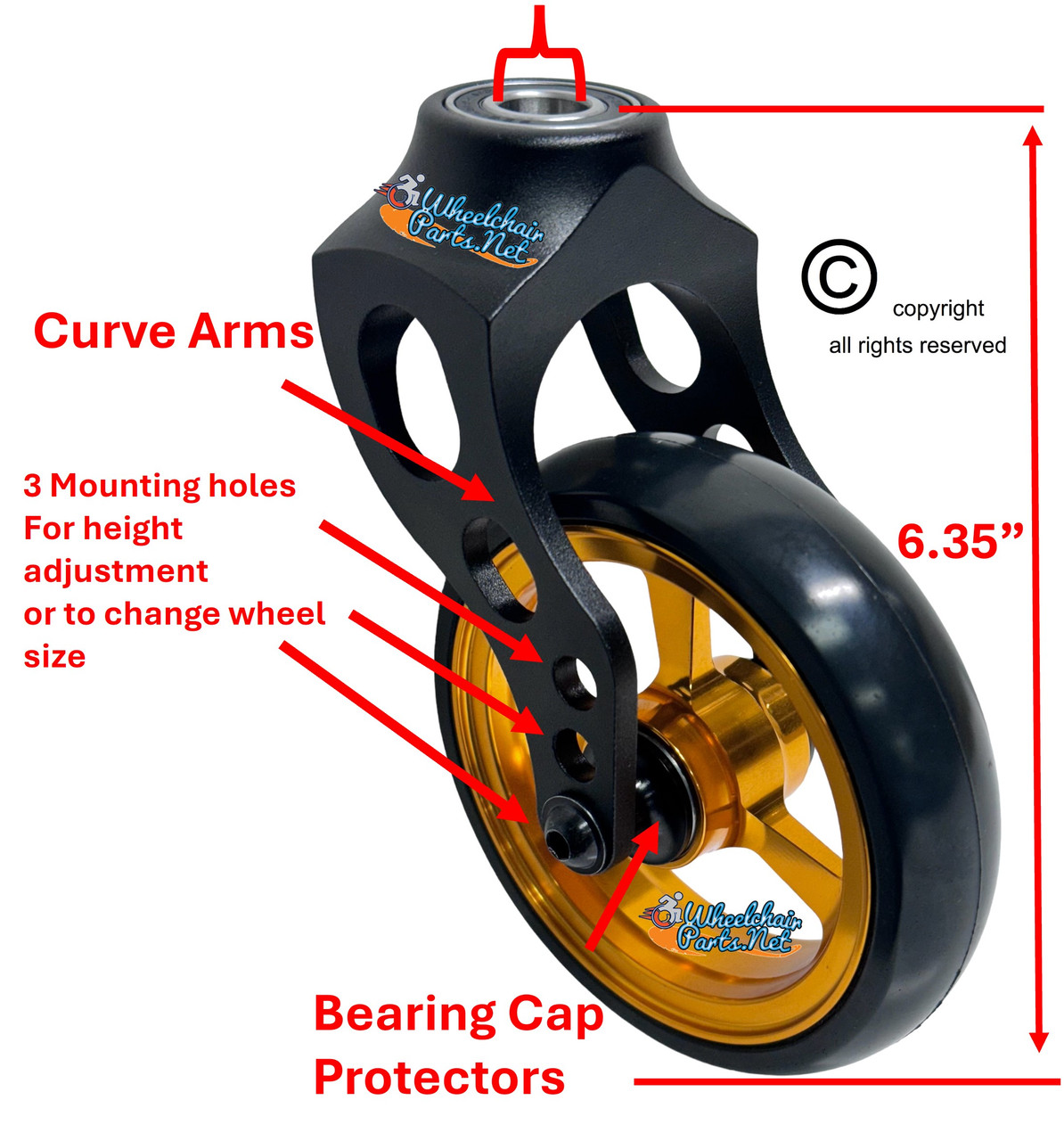 Aluminum Caster Fork Assembly With 5x1 Soft Roll Wheel-Gold Rim