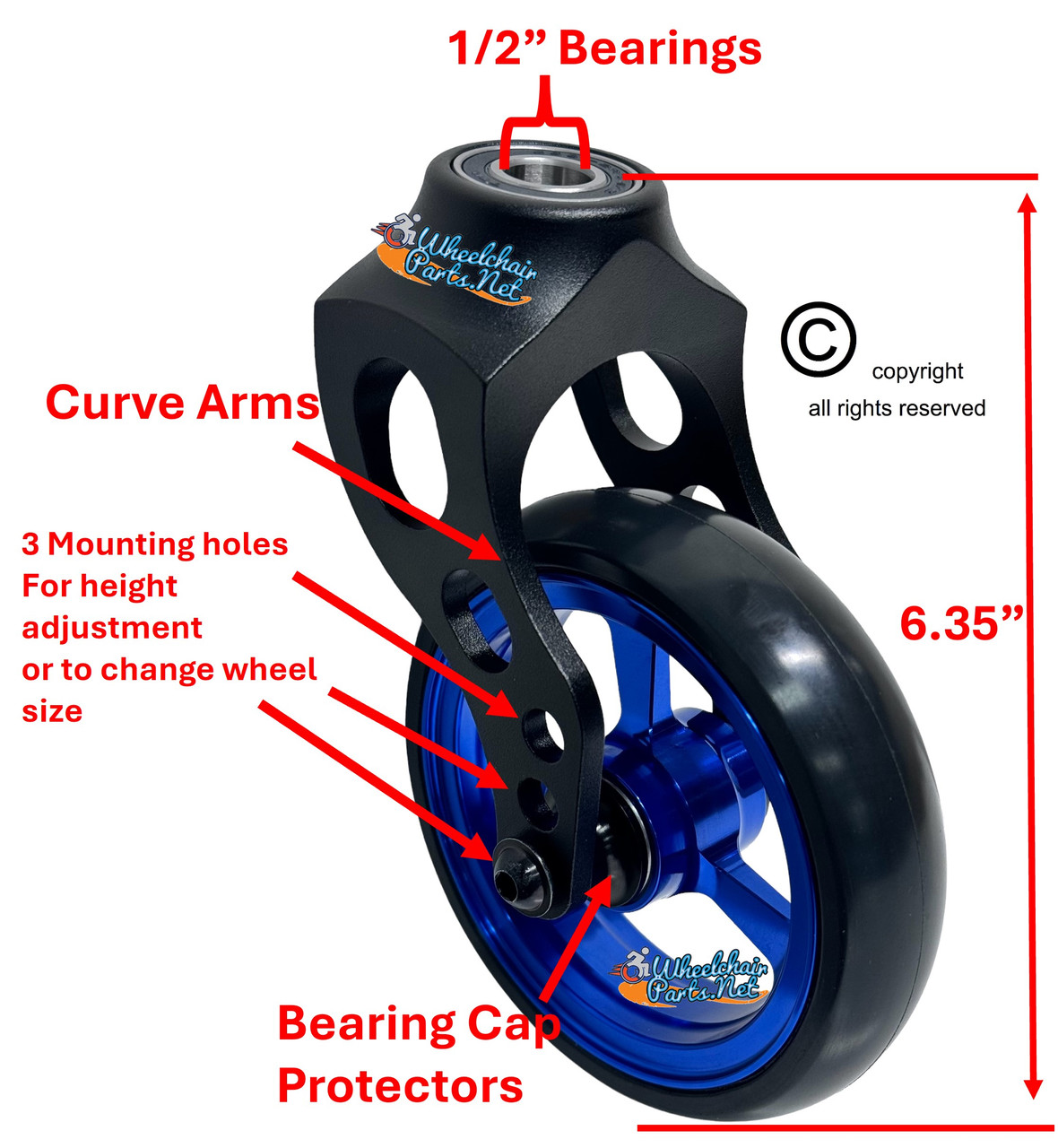 Aluminum Caster Fork Assembly With 5x1 Soft Roll Wheel-Blue Rim Aluminum Caster Fork Assembly With 5x1 Soft Roll Wheel-Blue Rim