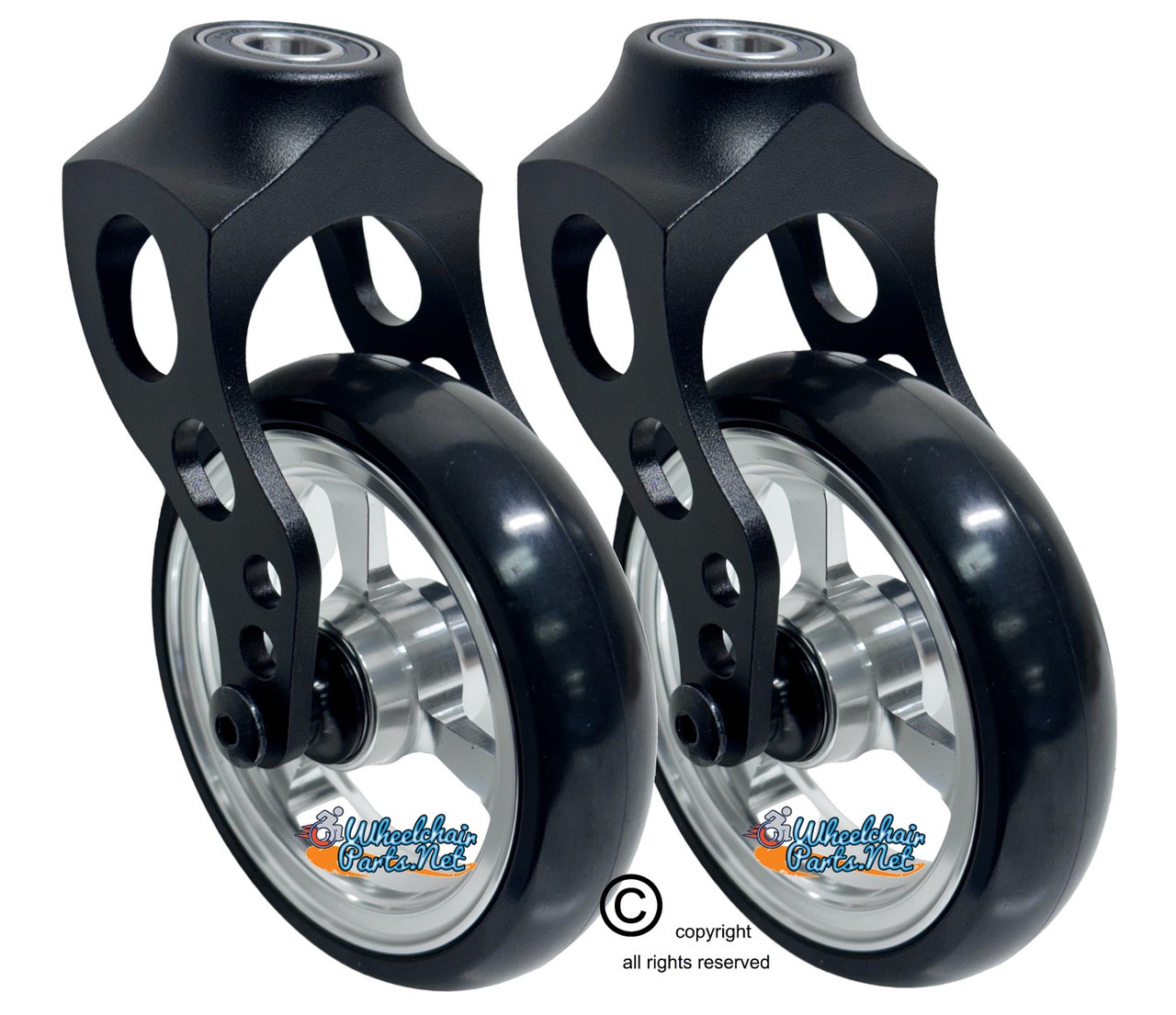 Aluminum Caster Fork Assembly With 5x1 Soft Roll Wheel-Silver Rim