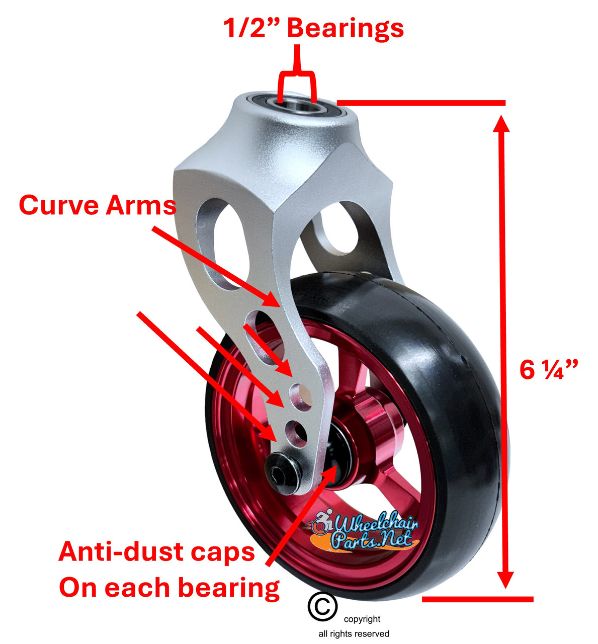 Red Aluminum Caster Fork Assembly With 5x1.40 Soft Roll Wheels in Silver Color