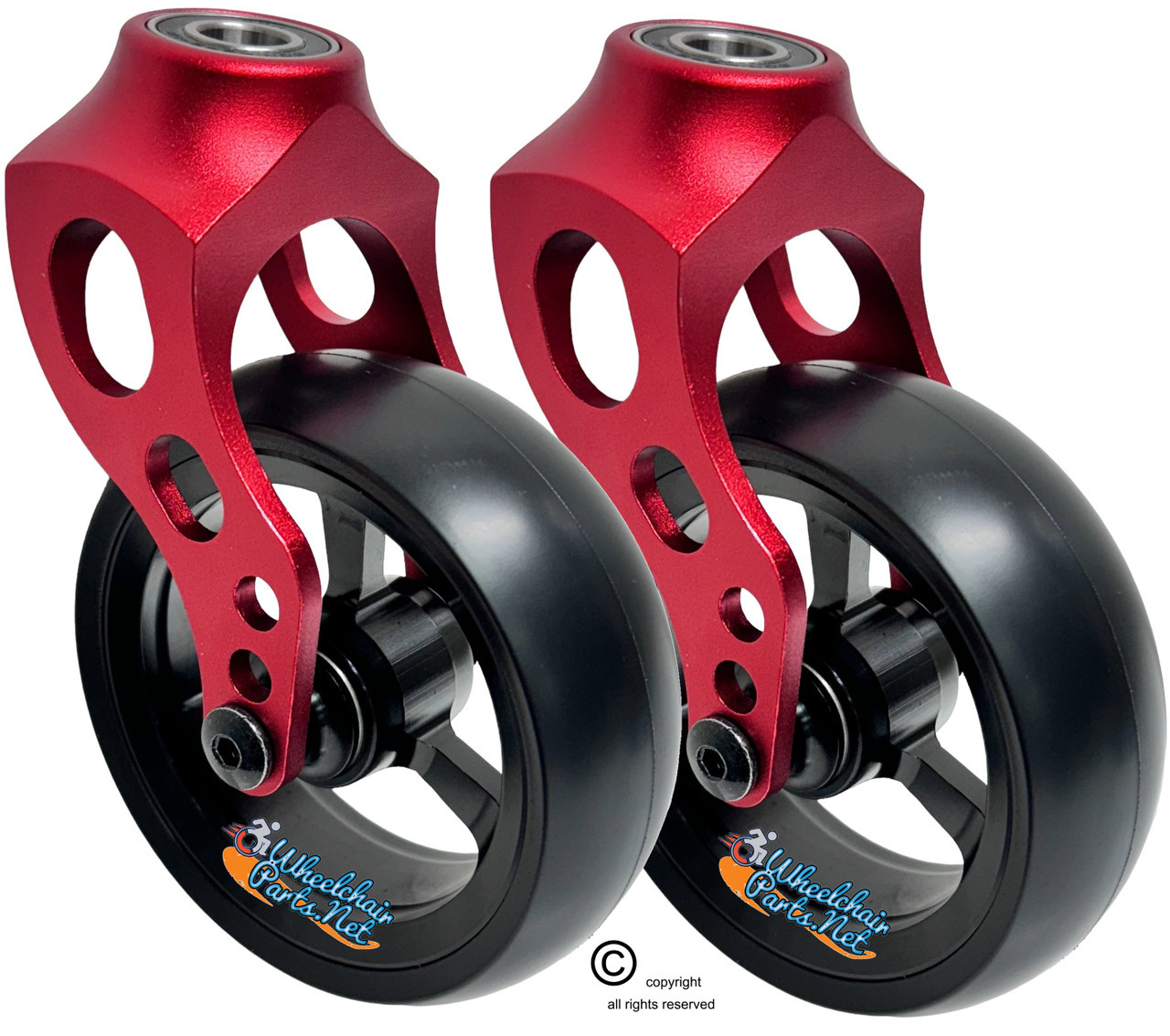 Red Aluminum Caster Fork Assembly With 5x1.40 Soft Roll Wheels in Black Color