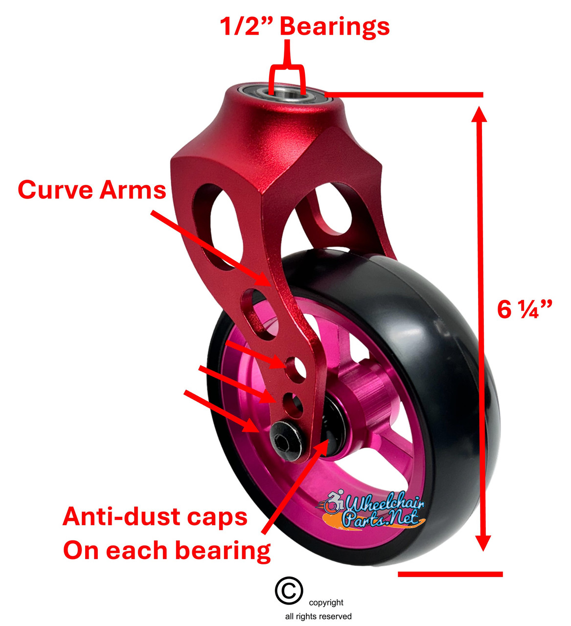 Red Aluminum Caster Fork Assembly With 5x1.40 Soft Roll Wheels in Pink Color
