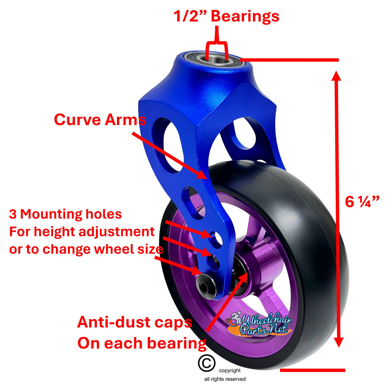 Blue Aluminum Caster Fork Assembly With 5x1.40 Soft Roll Wheels in Purple Color