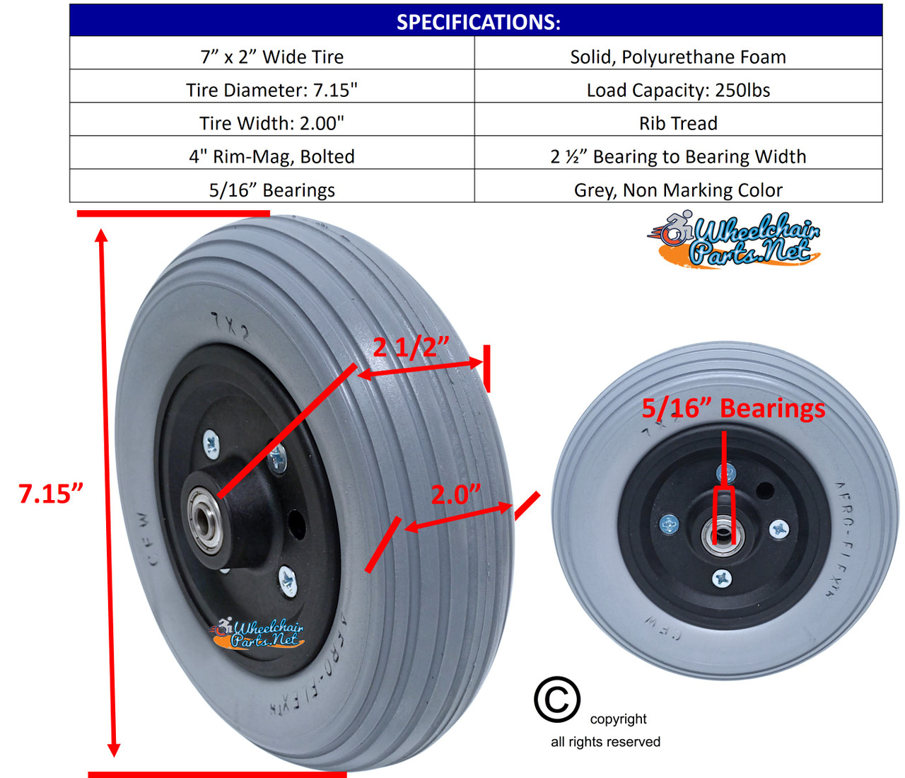 7 X 2" QUICKIE TYPE CASTER WHEEL WITH URETHANE RIB TIRE - ONE PAIR
