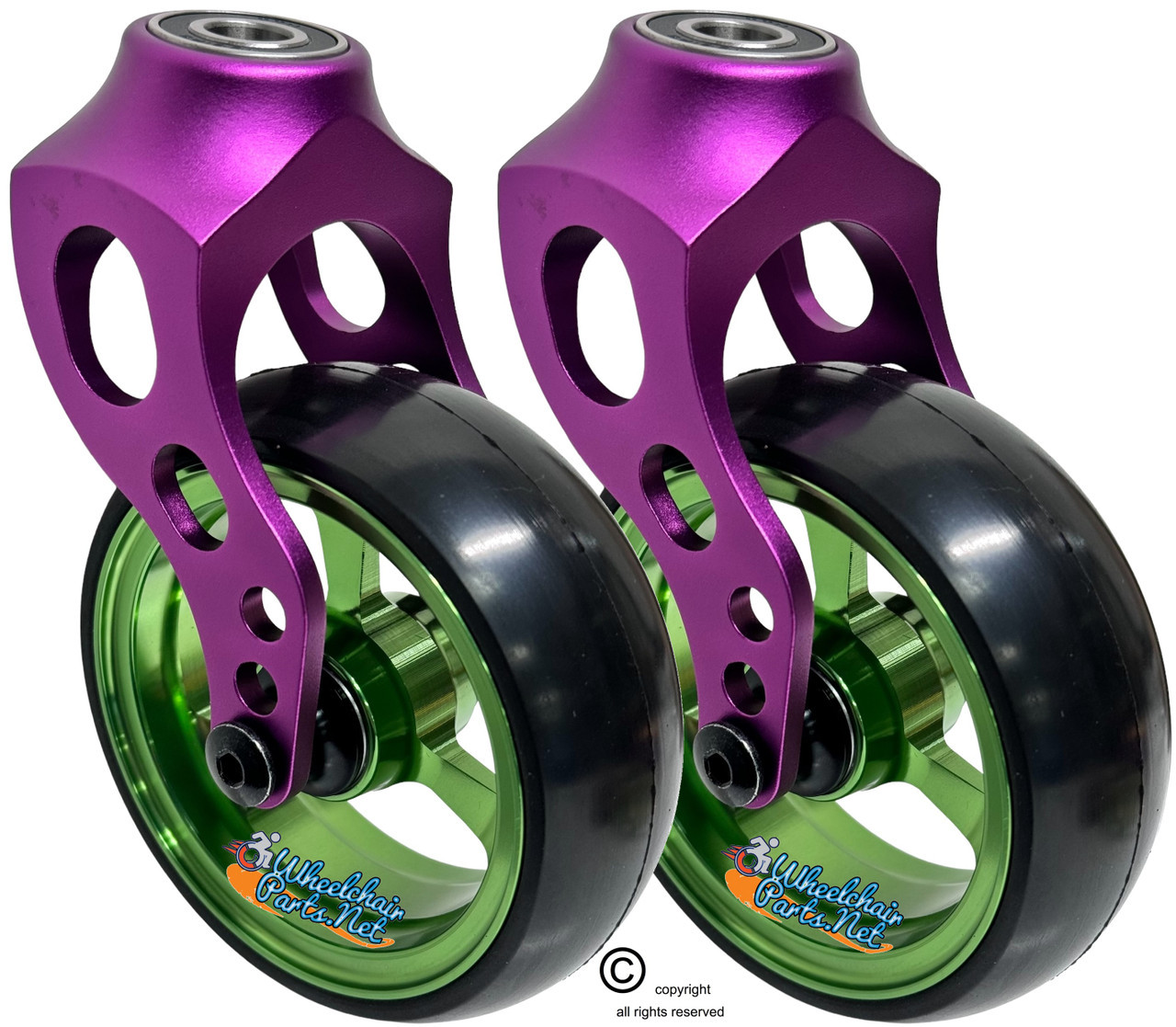 Purple Aluminum Caster Fork Assembly With 5x1.40 Soft Roll Wheels in Green Color