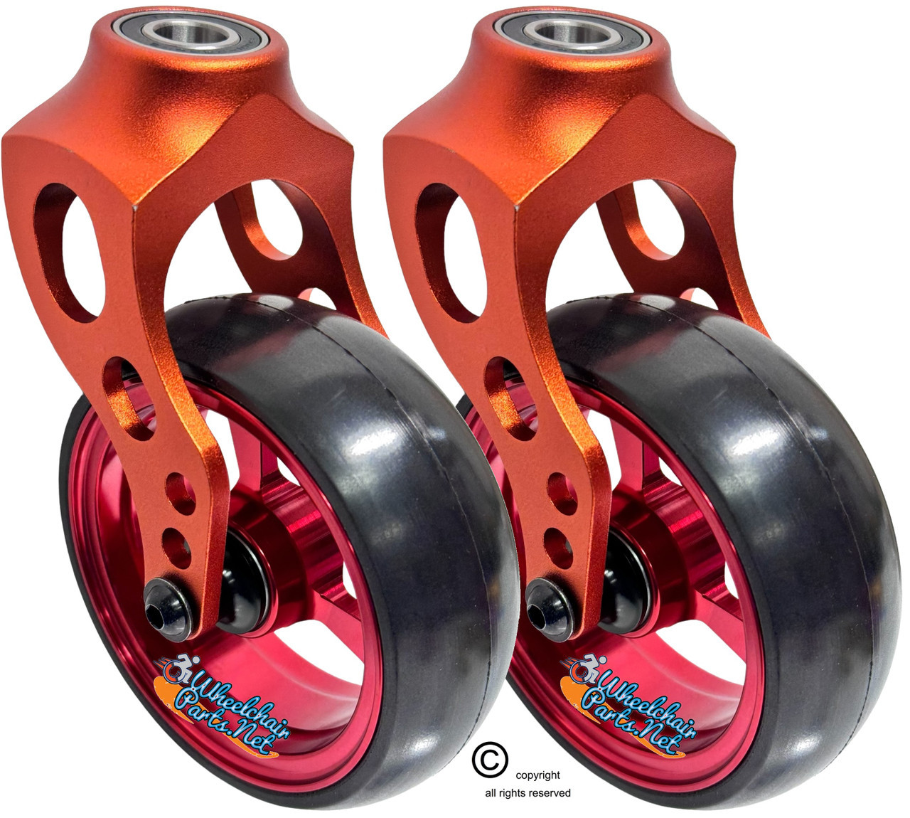 Orange Aluminum Caster Fork Assembly With 5x1.40 Soft Roll Red Wheels