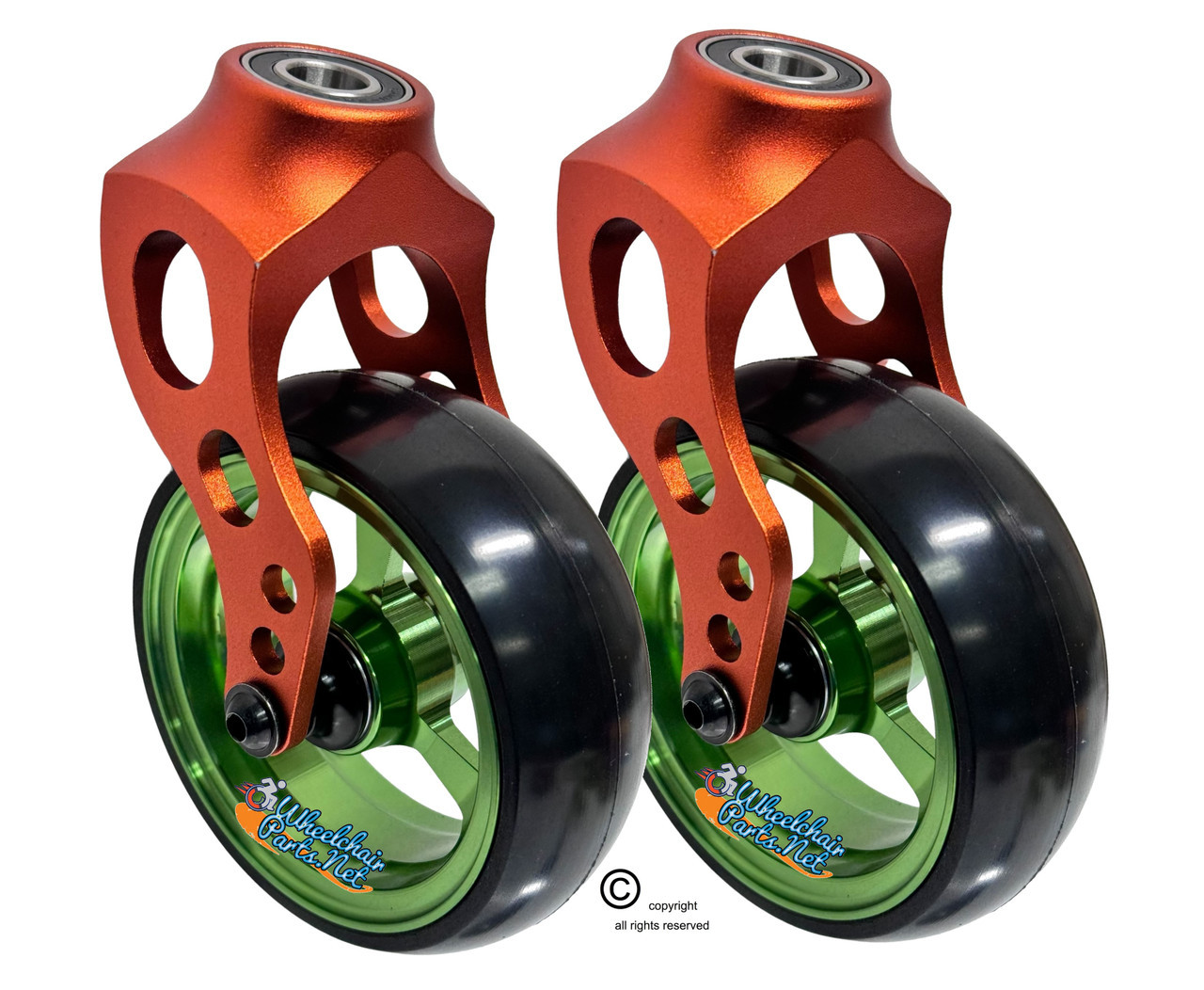 Orange Aluminum Caster Fork Assembly With 5x1.40 Soft Roll Green Wheels