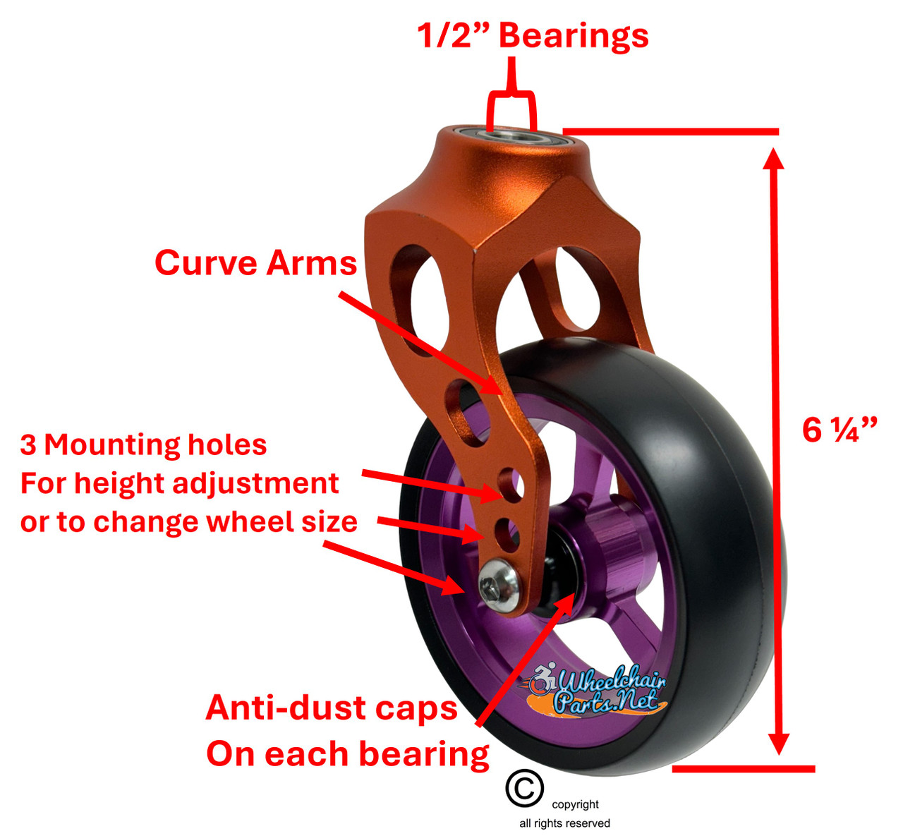 Orange Aluminum Caster Fork Assembly With 5x1.40 Soft Roll Purple Wheels