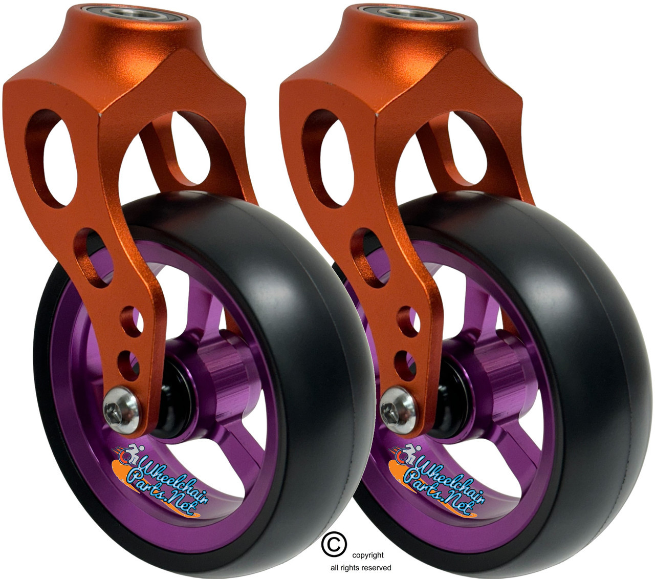 Orange Aluminum Caster Fork Assembly With 5x1.40 Soft Roll Purple Wheels