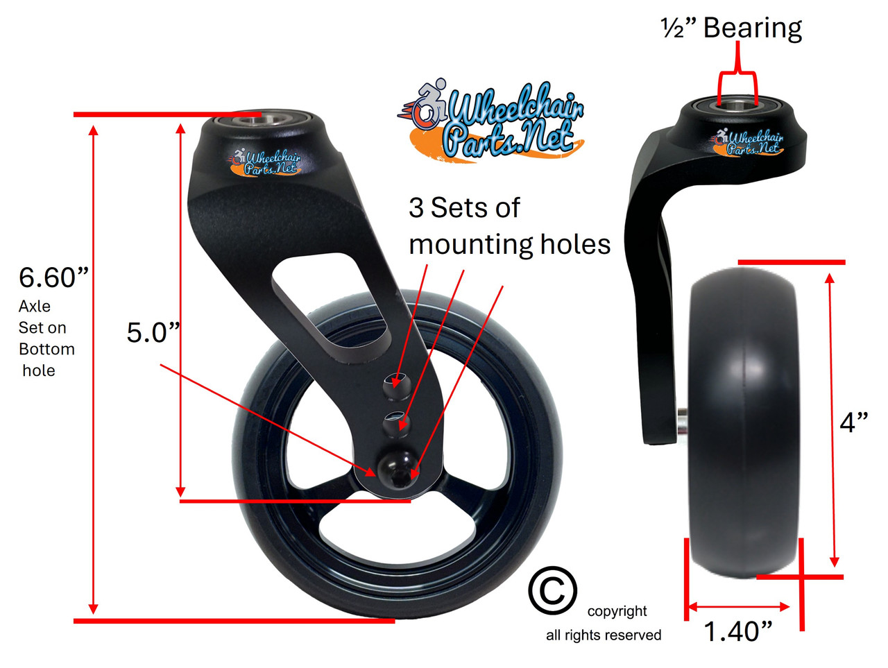 Single Sided Aluminum Caster Fork (Black) Assembly With 4"x1.40" Black Wheel. Set of 2