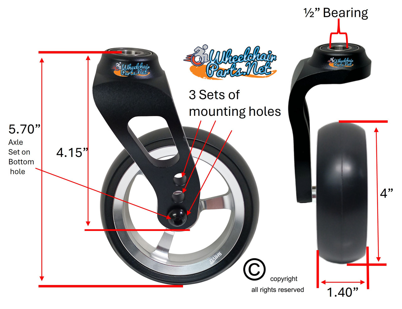 Single Sided Aluminum Caster Fork (Black) Assembly With 4"x1.40" Silver Wheel. Set of 2
