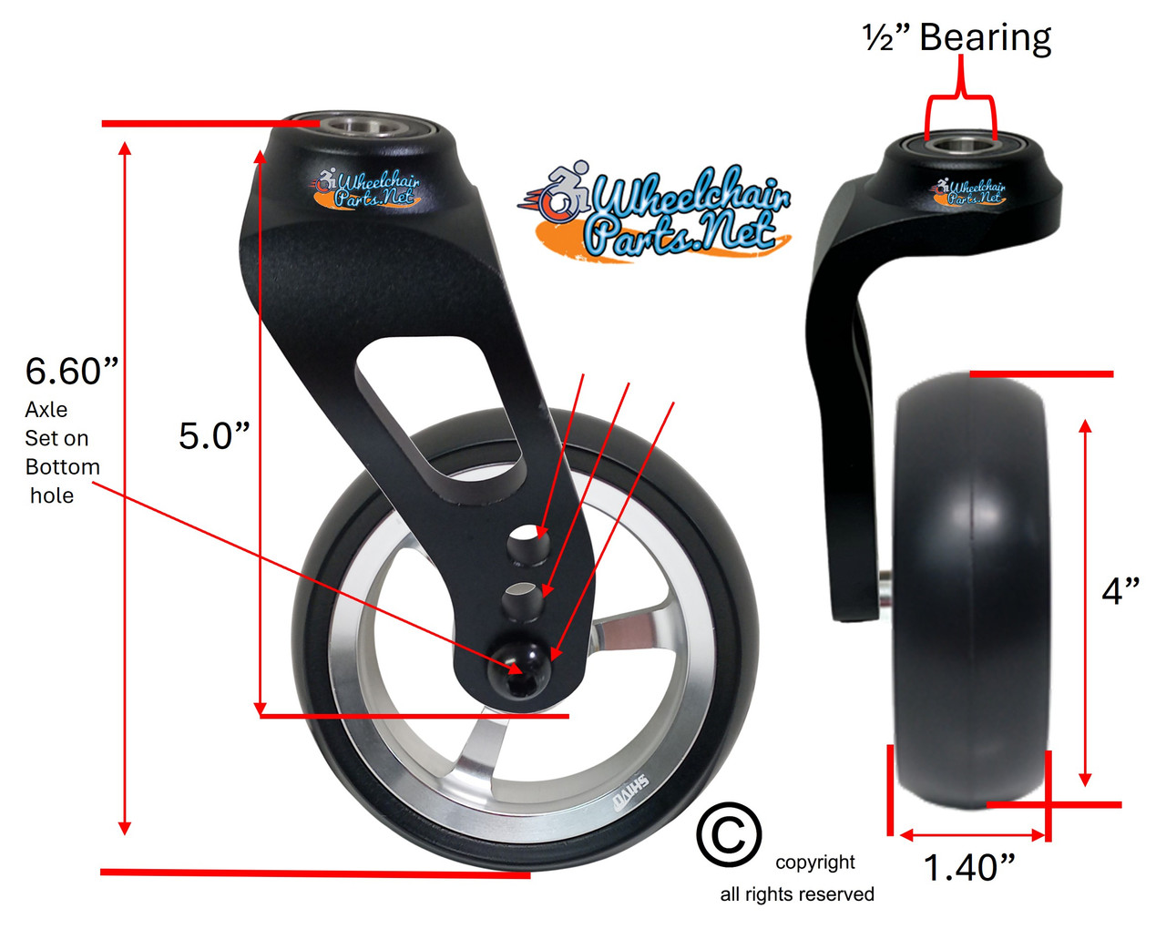 Single Sided Aluminum Caster Fork (Black) Assembly With 4"x1.40" Silver Wheel. Set of 2