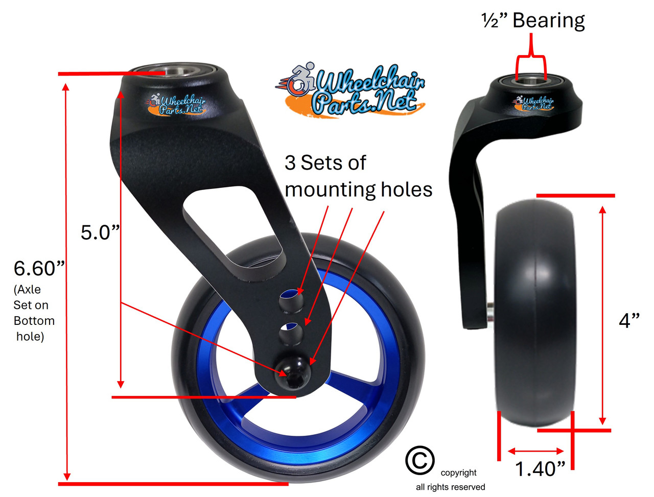 Single Sided Aluminum Caster Fork (Black) Assembly With 4"x1.40" Blue Wheel. Set of 2