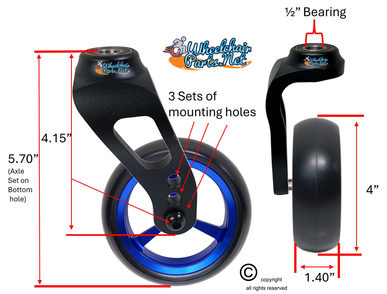 Single Sided Aluminum Caster Fork (Black) Assembly With 4"x1.40" Blue Wheel. Set of 2
