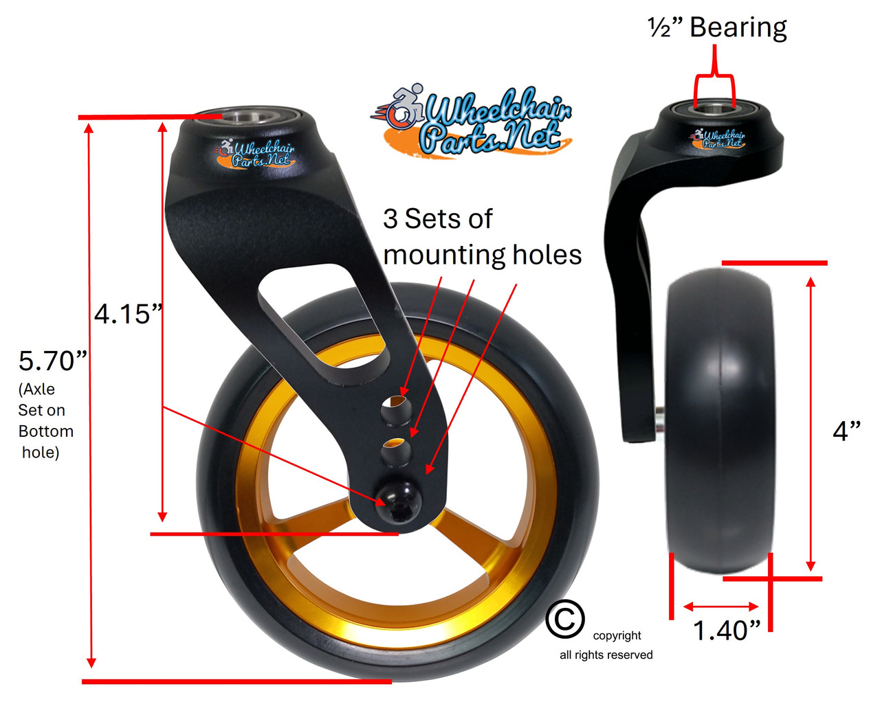 Single Sided Aluminum Caster Fork (Black) Assembly With 4"x1.40" Gold Wheel. Set of 2