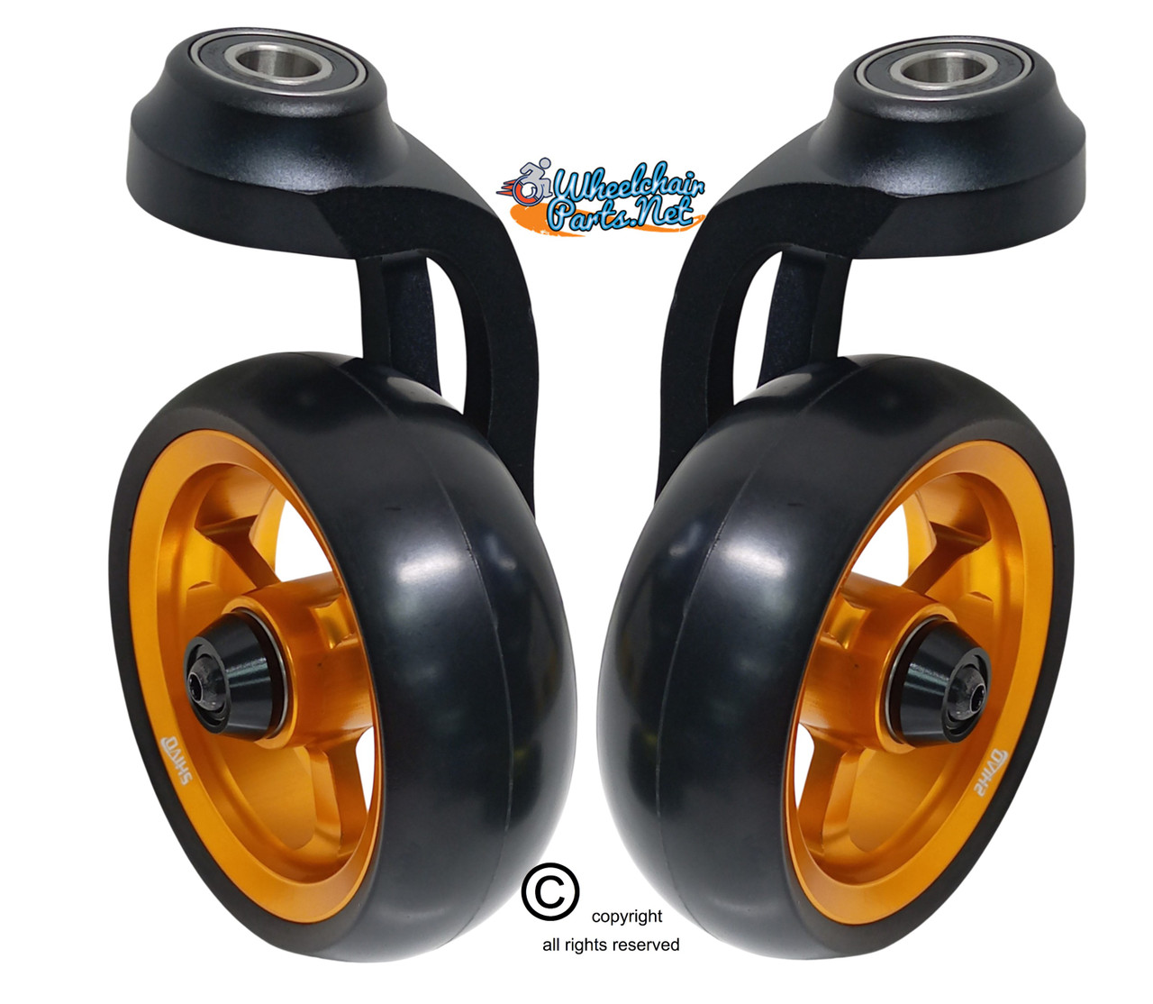 Single Sided Aluminum Caster Fork (Black) Assembly With 4"x1.40" Gold Wheel. Set of 2