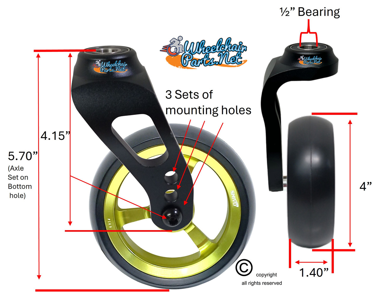 Single Sided Aluminum Caster Fork (Black) Assembly With 4"x1.40" Olive Green Wheel. Set of 2