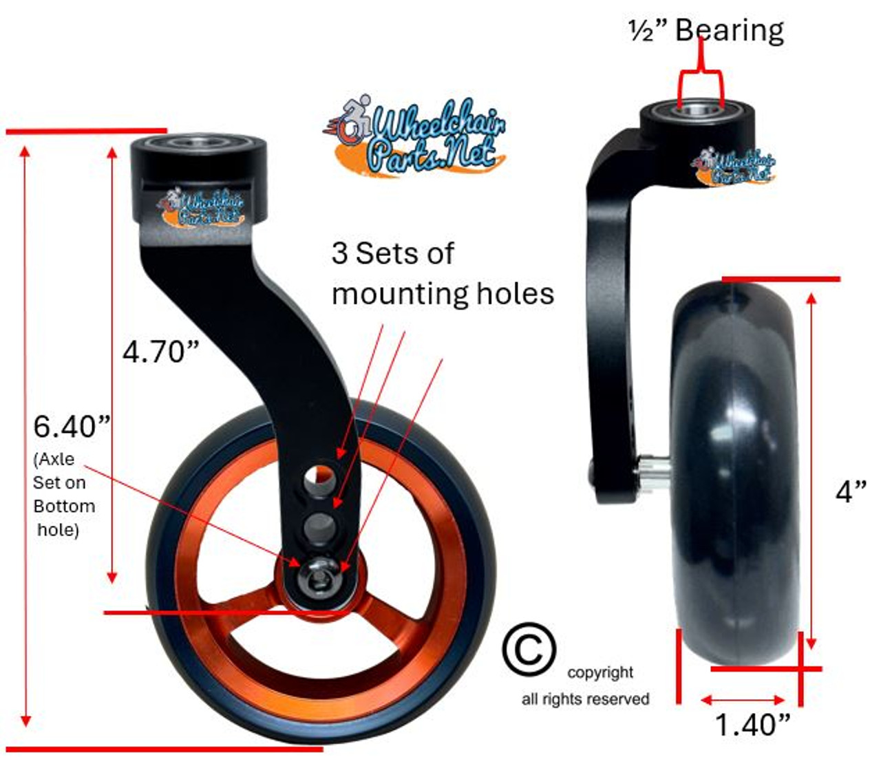 Single Sided Aluminum Caster Fork (Black) Assembly With 4"x1.40" Orange Wheel. Set of 2