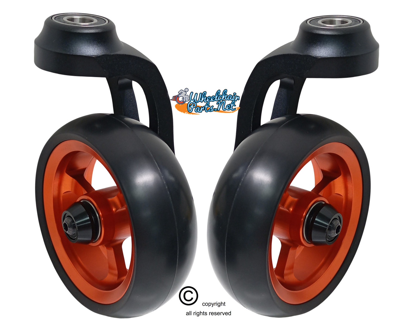 Single Sided Aluminum Caster Fork (Black) Assembly With 4"x1.40" Orange Wheel. Set of 2