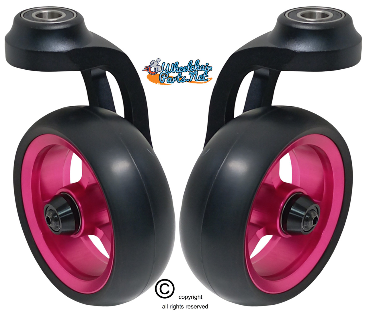 Single Sided Aluminum Caster Fork (Black) Assembly With 4"x1.40" Pink Wheel. Set of 2