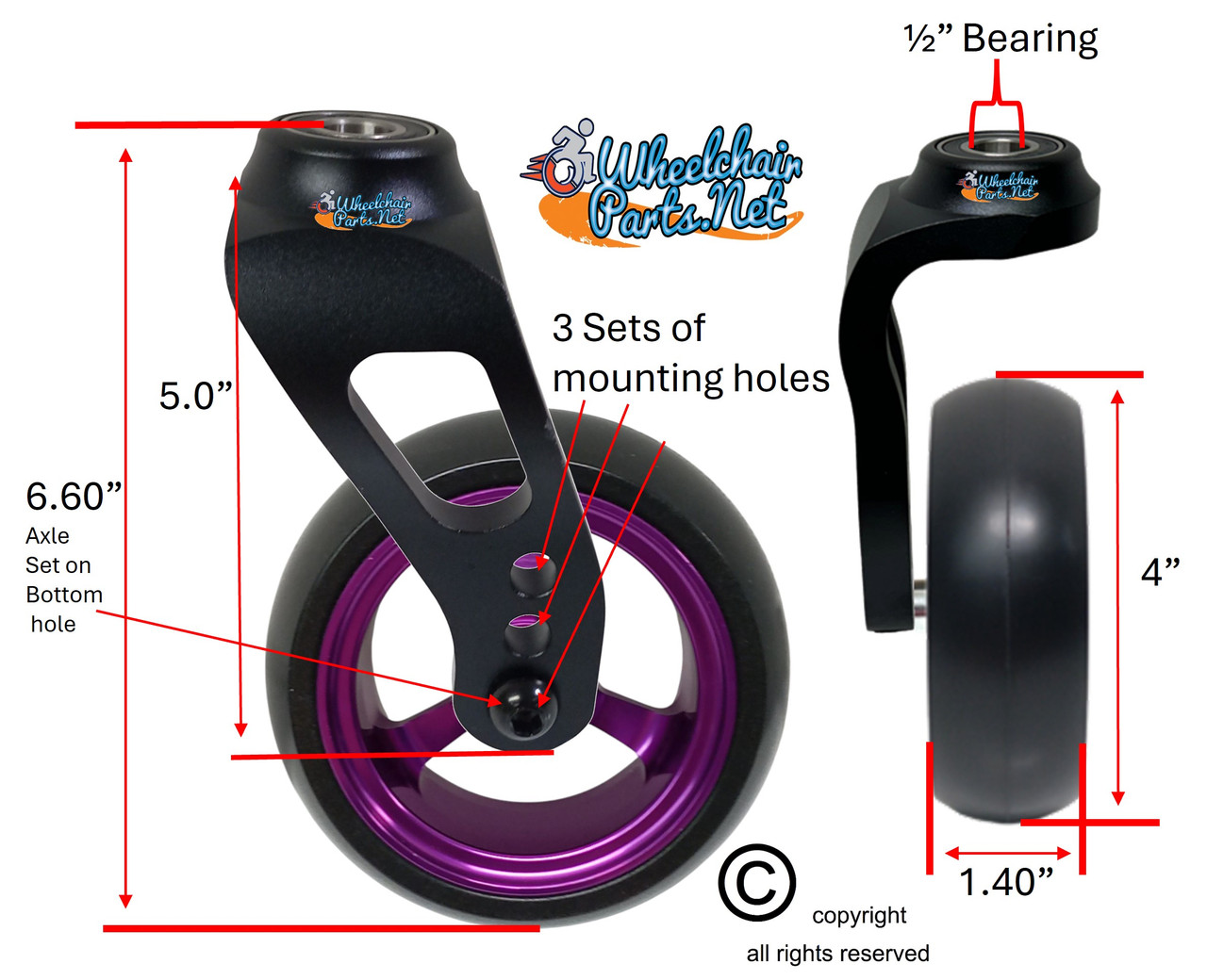 Single Sided Aluminum Caster Fork (Black) Assembly With 4"x1.40" Purple Wheel. Set of 2