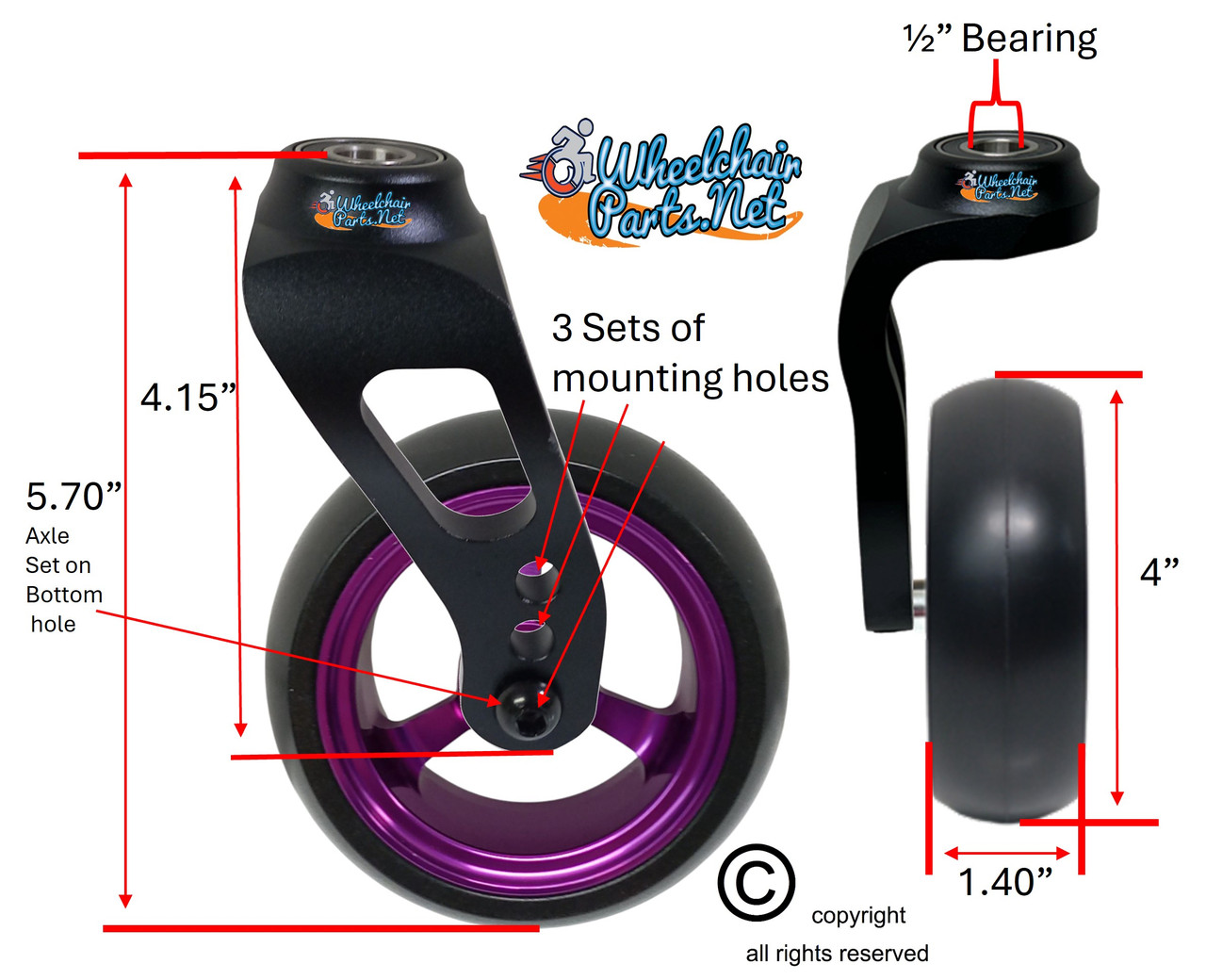 Single Sided Aluminum Caster Fork (Black) Assembly With 4"x1.40" Purple Wheel. Set of 2