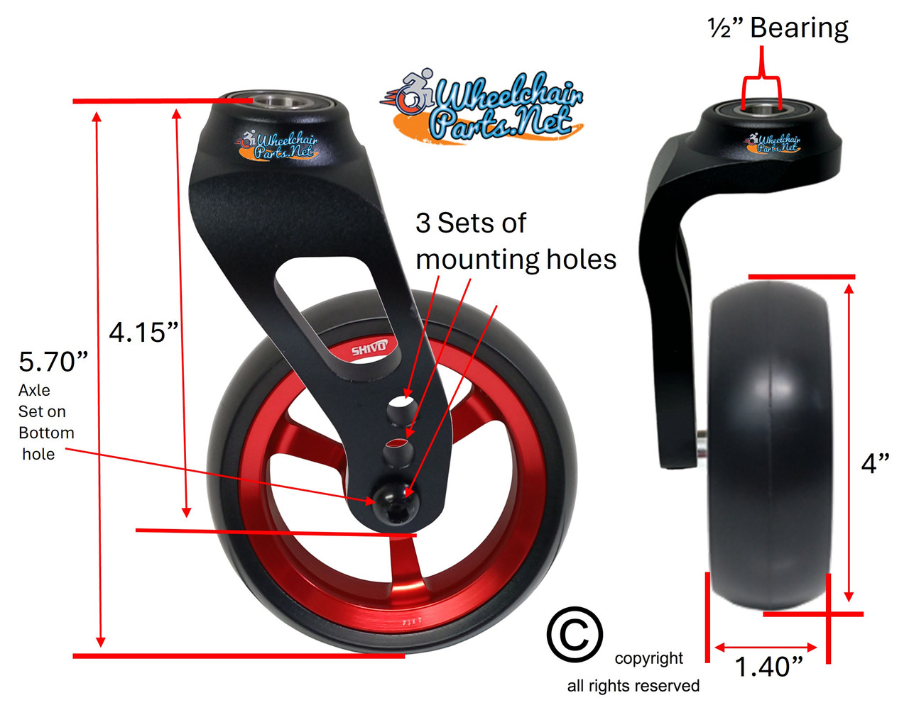 Single Sided Aluminum Caster Fork (Black) Assembly With 4"x1.40" Red Wheel. Set of 2