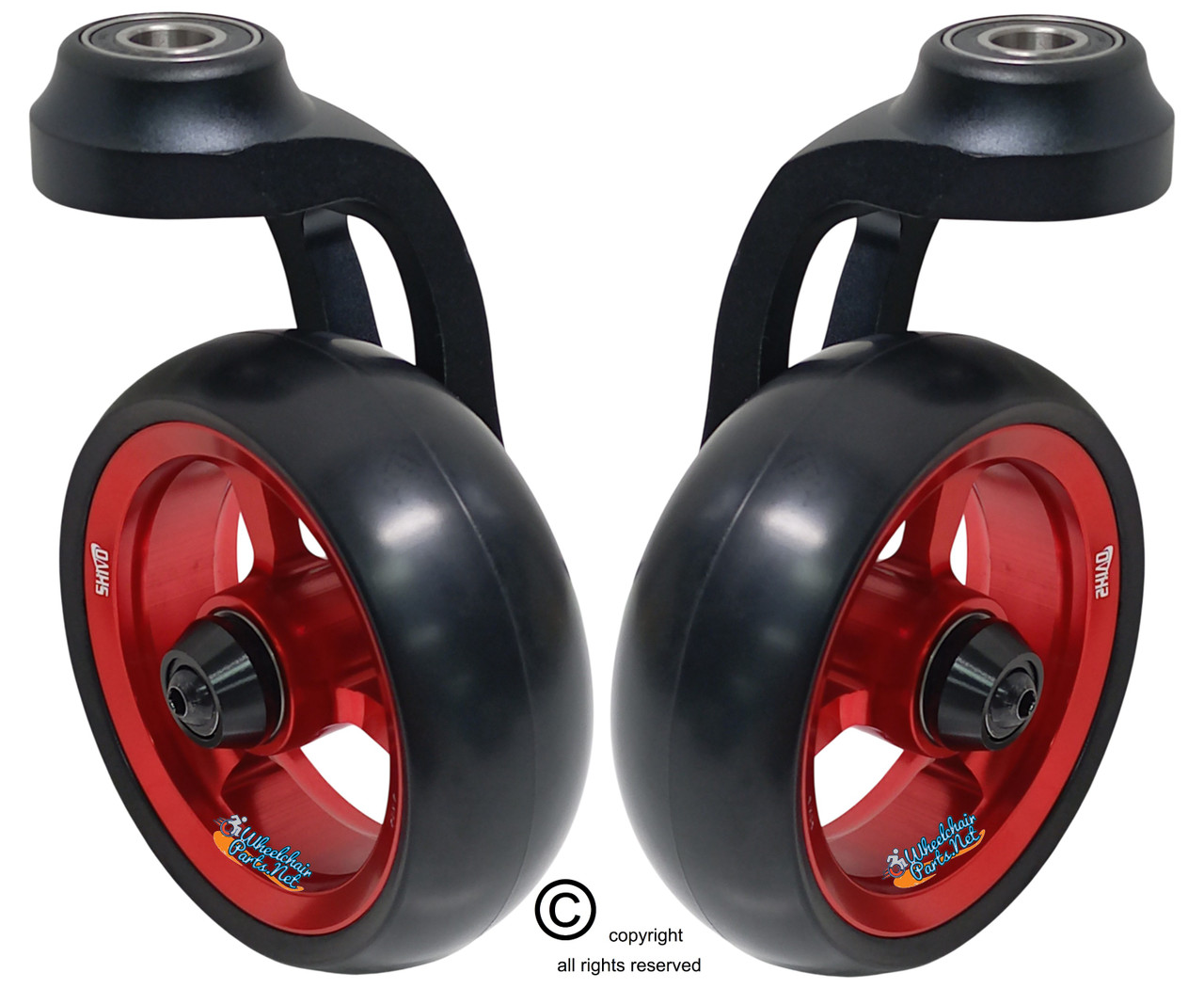 Single Sided Aluminum Caster Fork (Black) Assembly With 4"x1.40" Red Wheel. Set of 2