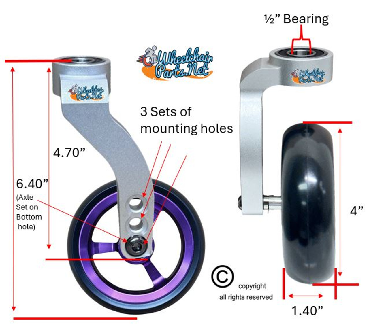 Single Sided Aluminum Caster Fork (Silver) Assembly With 4"x1.40" Purple Wheel. Set of 2