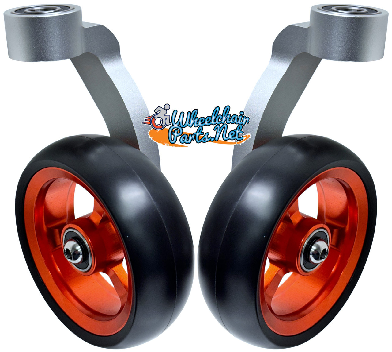 Single Sided Aluminum Caster Fork (Silver) Assembly With 4"x1.40" Orange Wheel. Set of 2