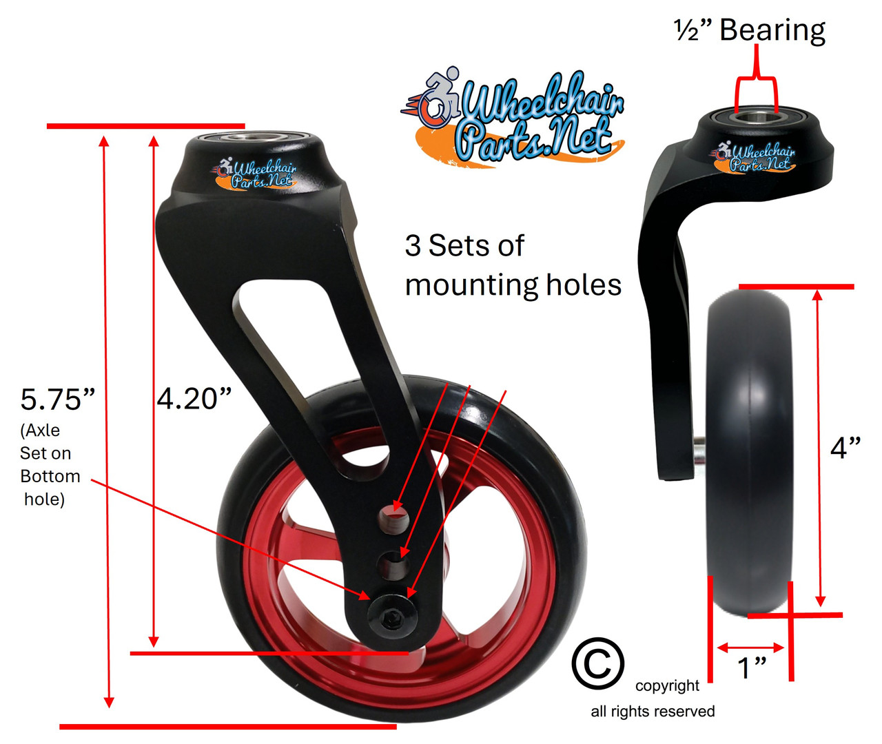 Single Sided Aluminum Caster Fork (Black) Assembly With 4"x1" Red Wheel. Set of 2