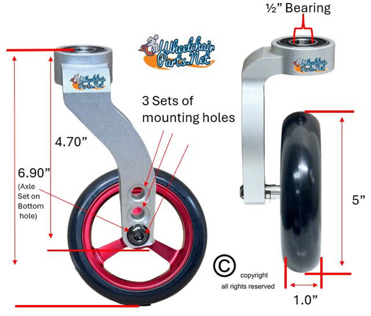 Single Sided Aluminum Caster Fork (Silver) Assembly With 5"x1" Red Wheel. Set of 2