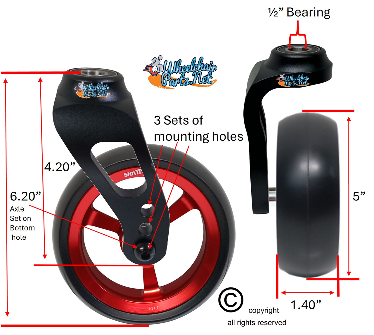 Single Sided Aluminum Caster Fork (Black) Assembly With 5"x1.40" Red Wheel. Set of 2