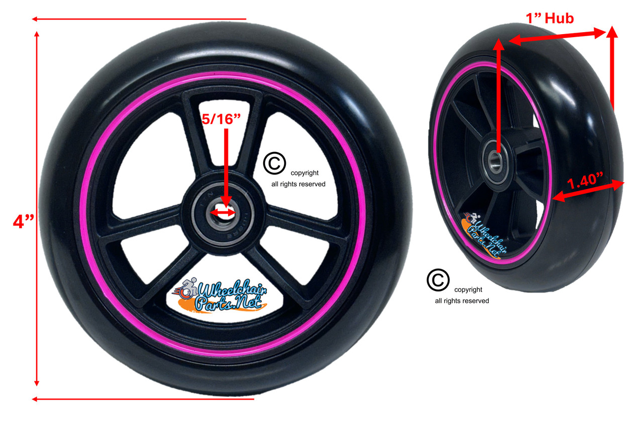 TRI RACER - 4" x 1.40" 6 Spoke Composite Mag Wheel, Black Wheel With Pink Strip/ Black Tire. Sold as Set of 2