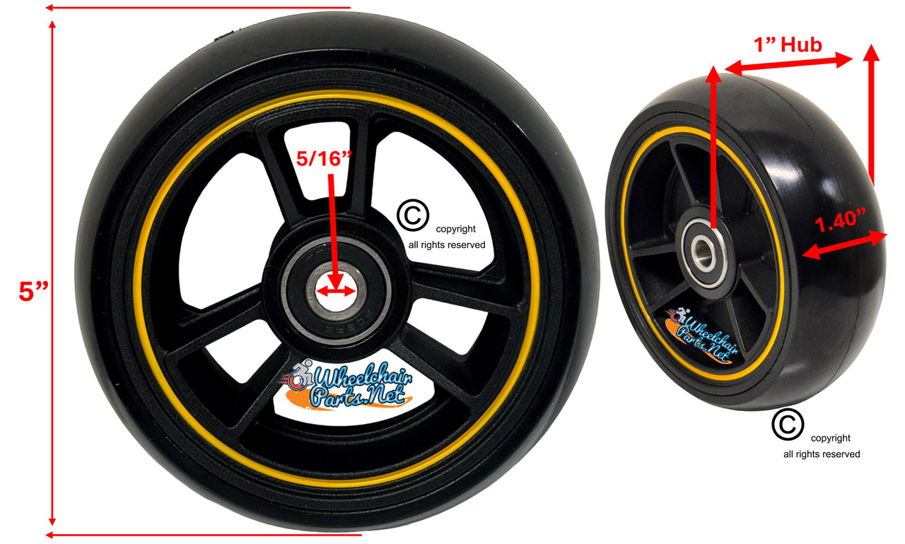 TRI RACER - 5" x 1.40" 6 Spoke Composite Mag Wheel, Black Wheel With Yellow Strip/ Black Tire. Sold as Set of 2