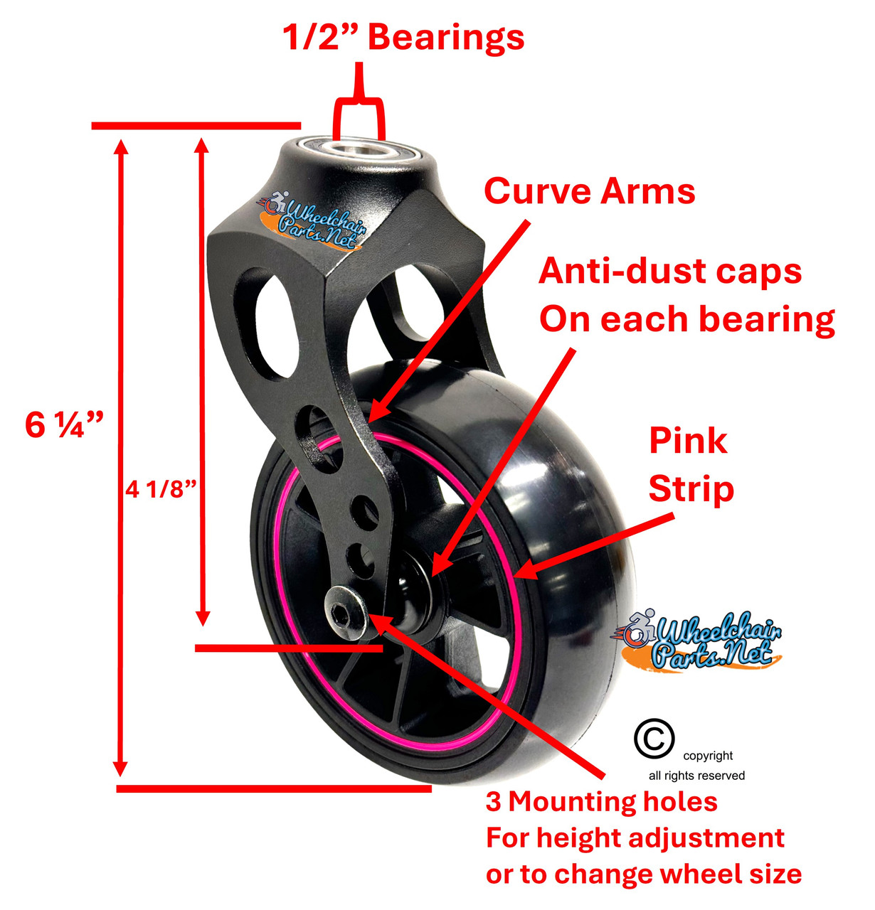 Aluminum Caster Fork  With Composite Wheel 5x1.40 Soft Roll Caster-Pink Ring