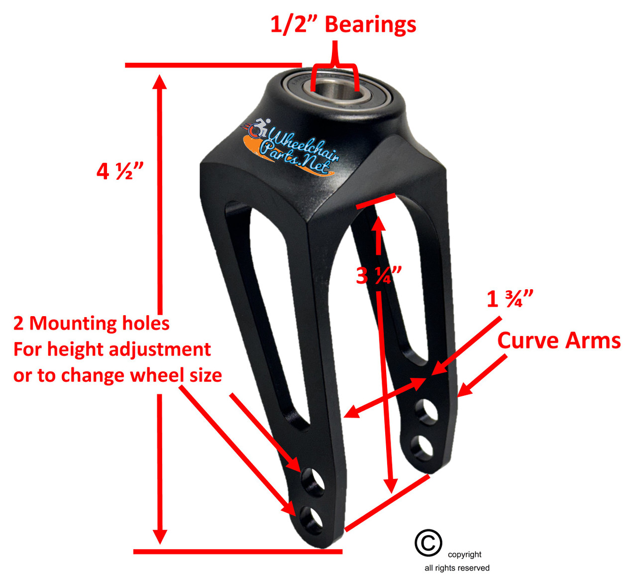 Aluminum Caster Fork, Black Hard Anodize. For use with 3"-5" Wheels. Price is for a set of 2