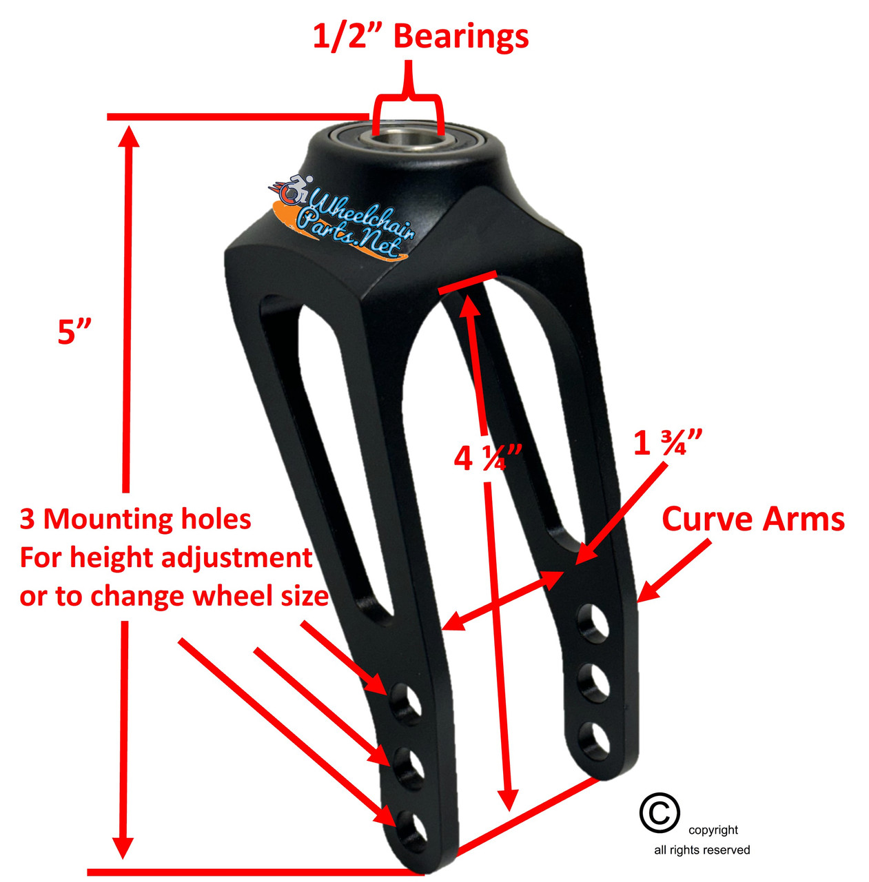 Aluminum Caster Fork With Straight LONG ARMS  Caster Fork. BLACK HARD ANODIZE. Fits on 4"-7" Wheels. Price is for a set of 2