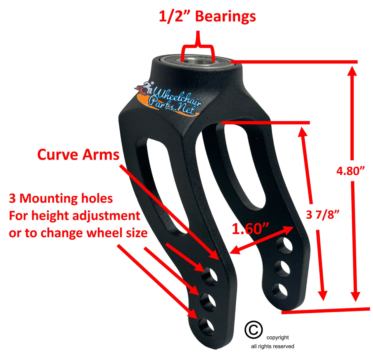 Aluminum Caster With MEDIUM SIZE Curved Arms- Black Anodized. Price is for a set of 2 Forks. For use with 3"-6" wheels. Price is for set of 2