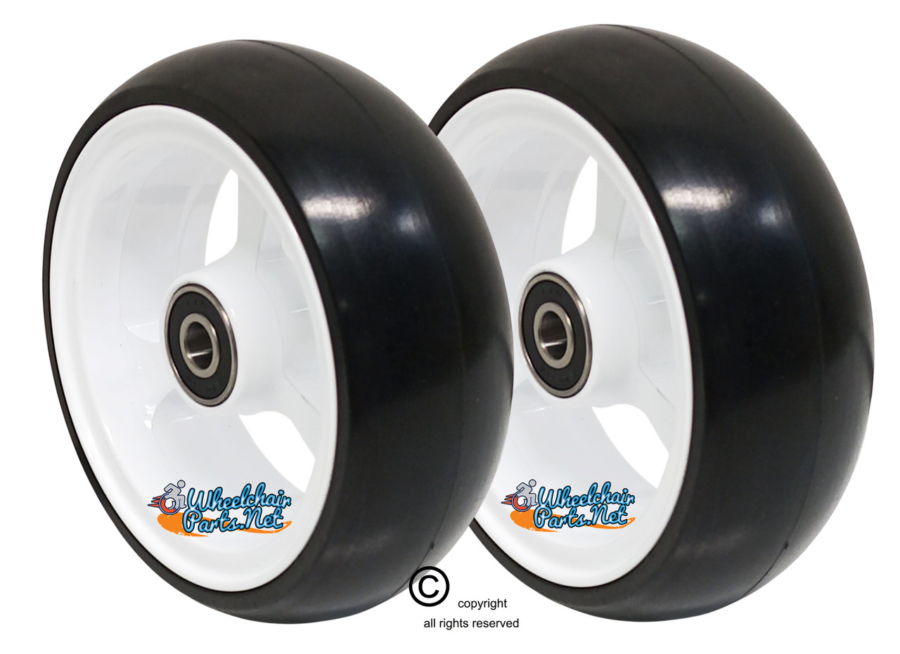 SHIVOSPYN 4" X 1.4" Aluminum 3 Spoke Wheel, WHITE Rim, Soft Urethane Tire with 5/16" bearings.