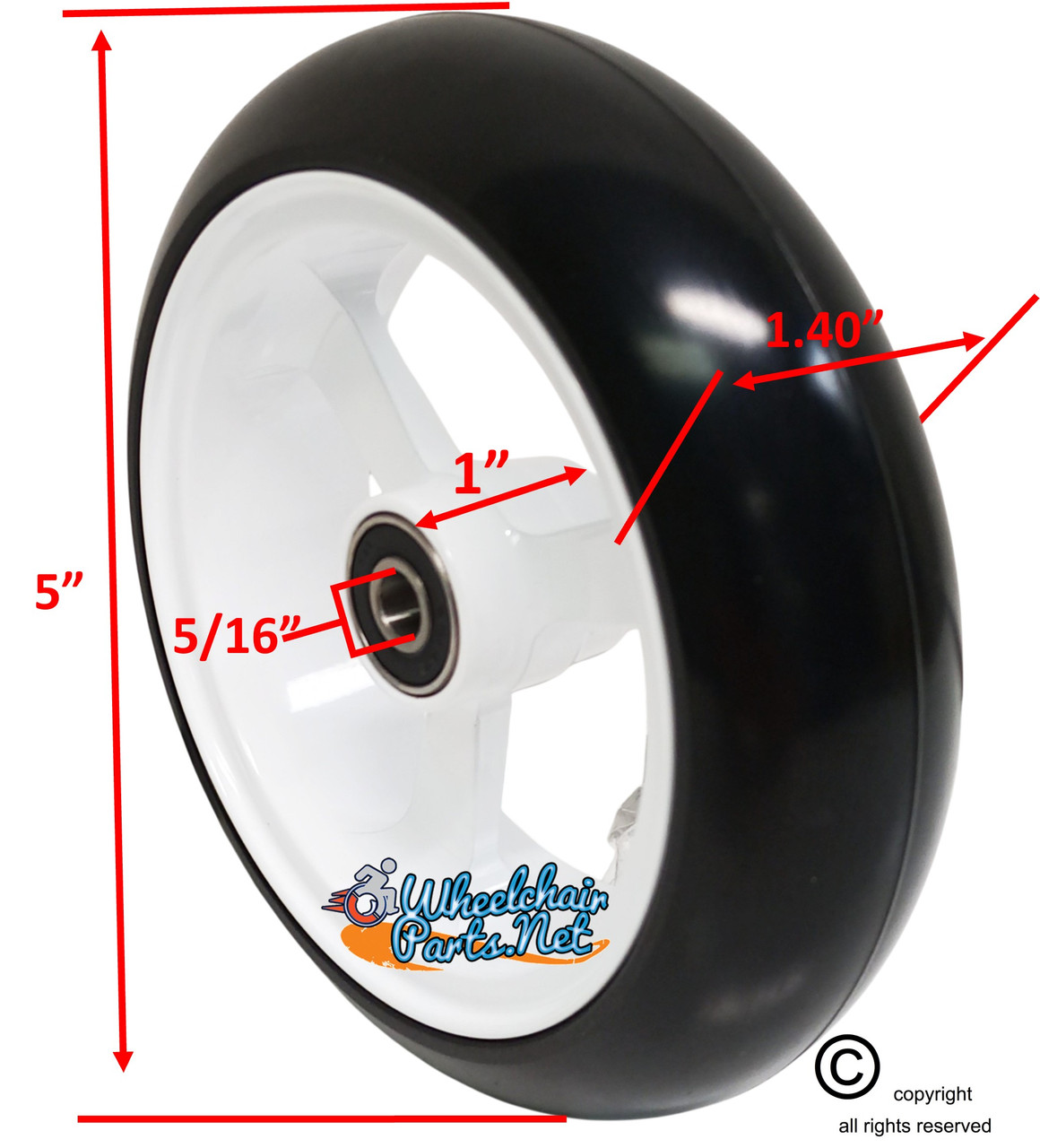 SHIVOSPYN 5" X 1.4" Aluminum 3 Spoke Wheel, WHITE Rim / Soft Urethane Tire with 5/16" bearings.