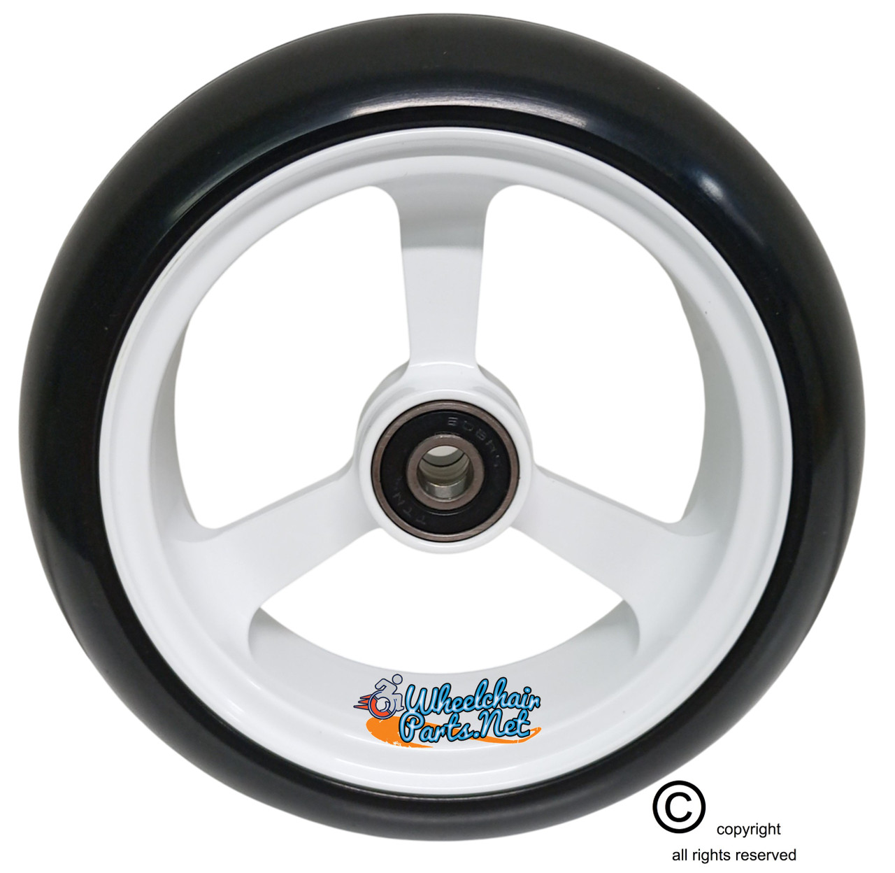 SHIVOSPYN 5" X 1.4" Aluminum 3 Spoke Wheel, WHITE Rim / Soft Urethane Tire with 5/16" bearings.