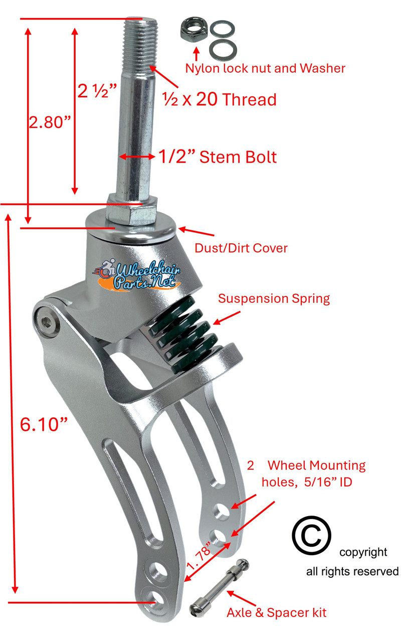 6" Suspension Fork With 2.5" Stem Bolt and Caster Wheel Axle. Sold as Pair