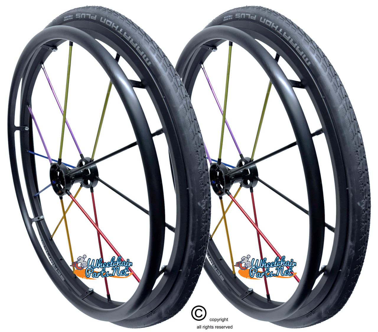 SET of 24" x 1" (540m) 12 Colorful Spokes Wheel With Schwalbe Marathon Plus Tire and Aluminum Pushrim. Set of 2