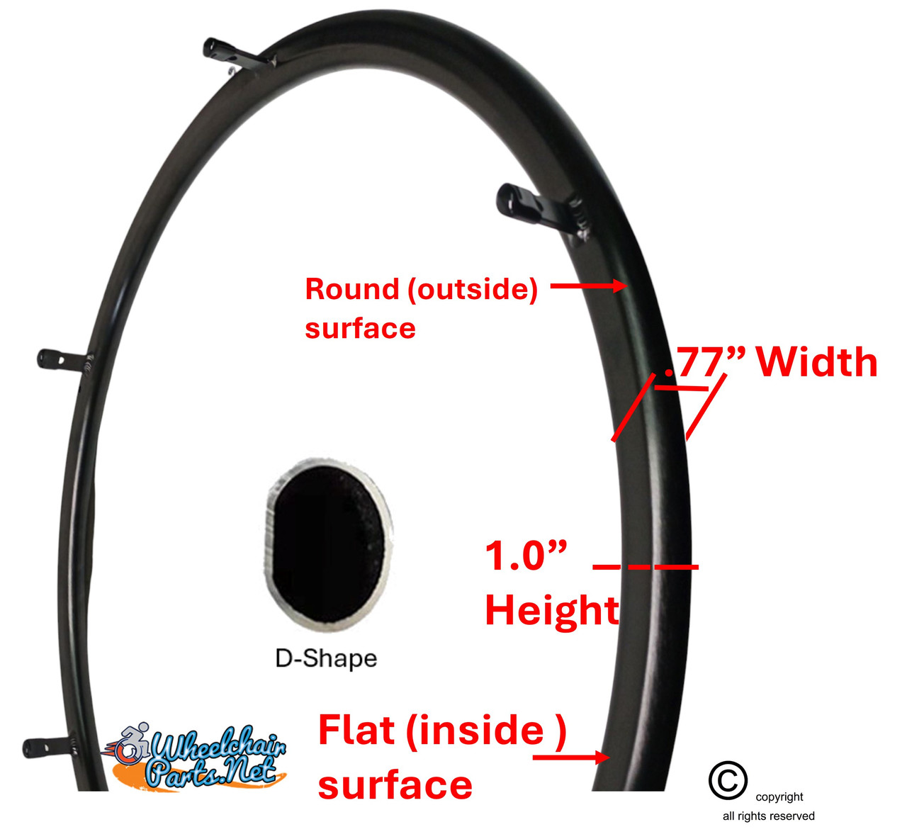 ShivProxiD D-Shape 24" (540) Black Hard Anodize Pushrim with 6 Tabs. Set of 2