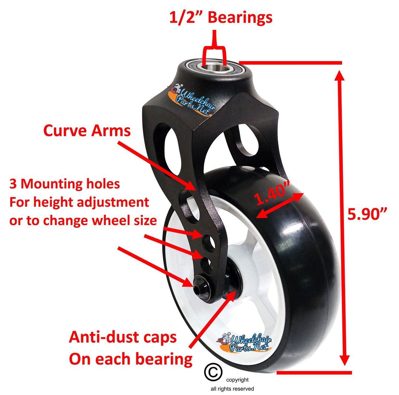 Aluminum Caster Fork Assembly With 4x.140 Soft Roll Caster-White Rim