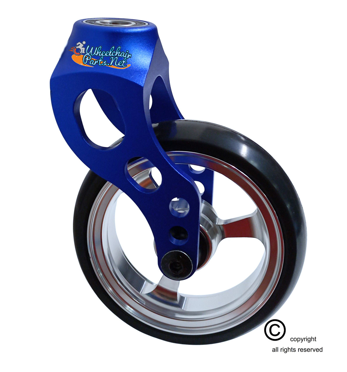 Aluminum Blue Caster Fork Assembly With 4x1 Soft Roll Wheel-Silver Rim