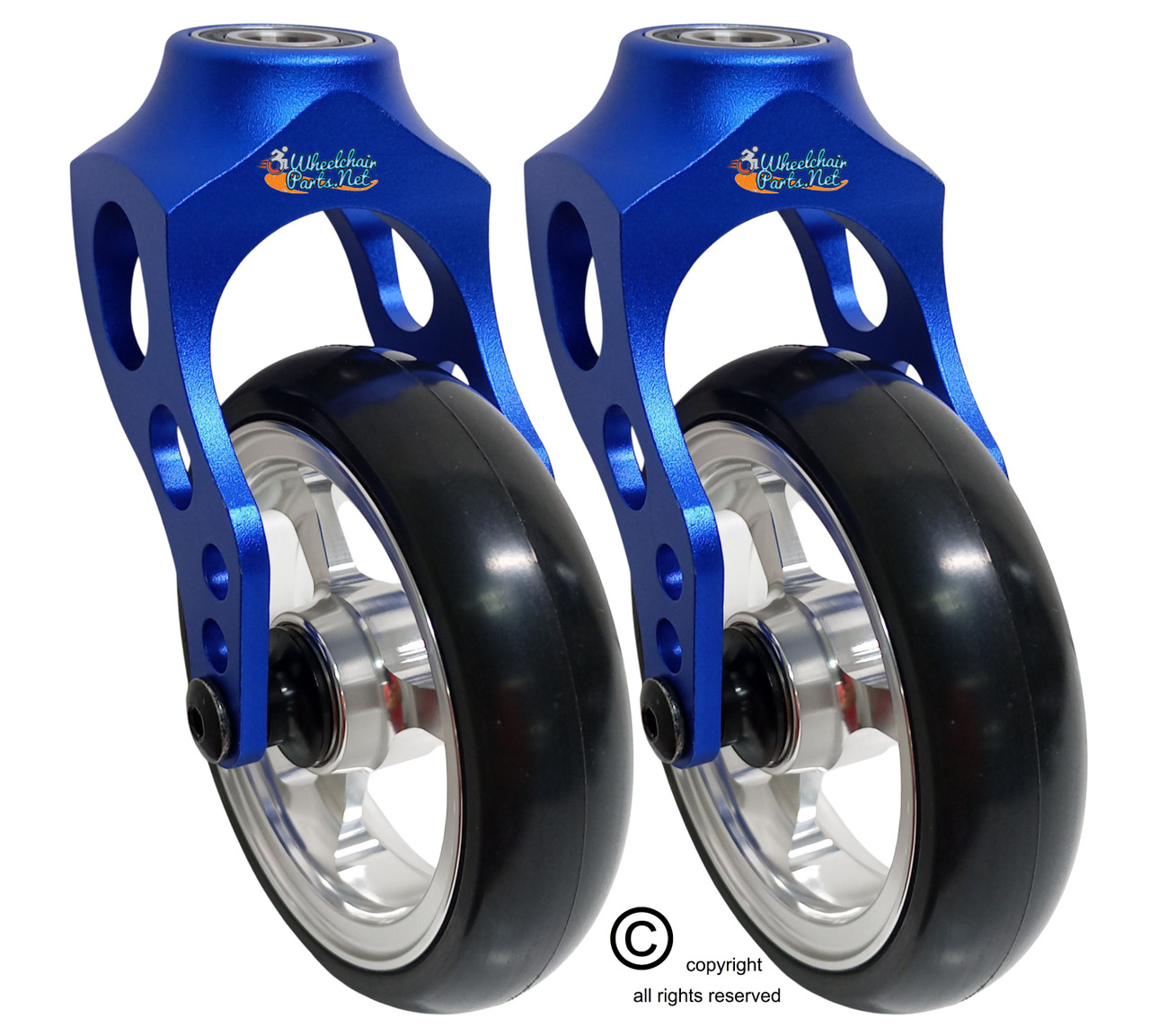 Aluminum Blue Caster Fork Assembly With 4x1 Soft Roll Wheel-Silver Rim