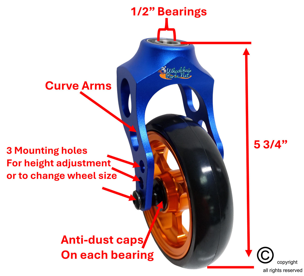 Aluminum Blue Caster Fork Assembly With 4x1 Soft Roll Wheel-Orange Rim